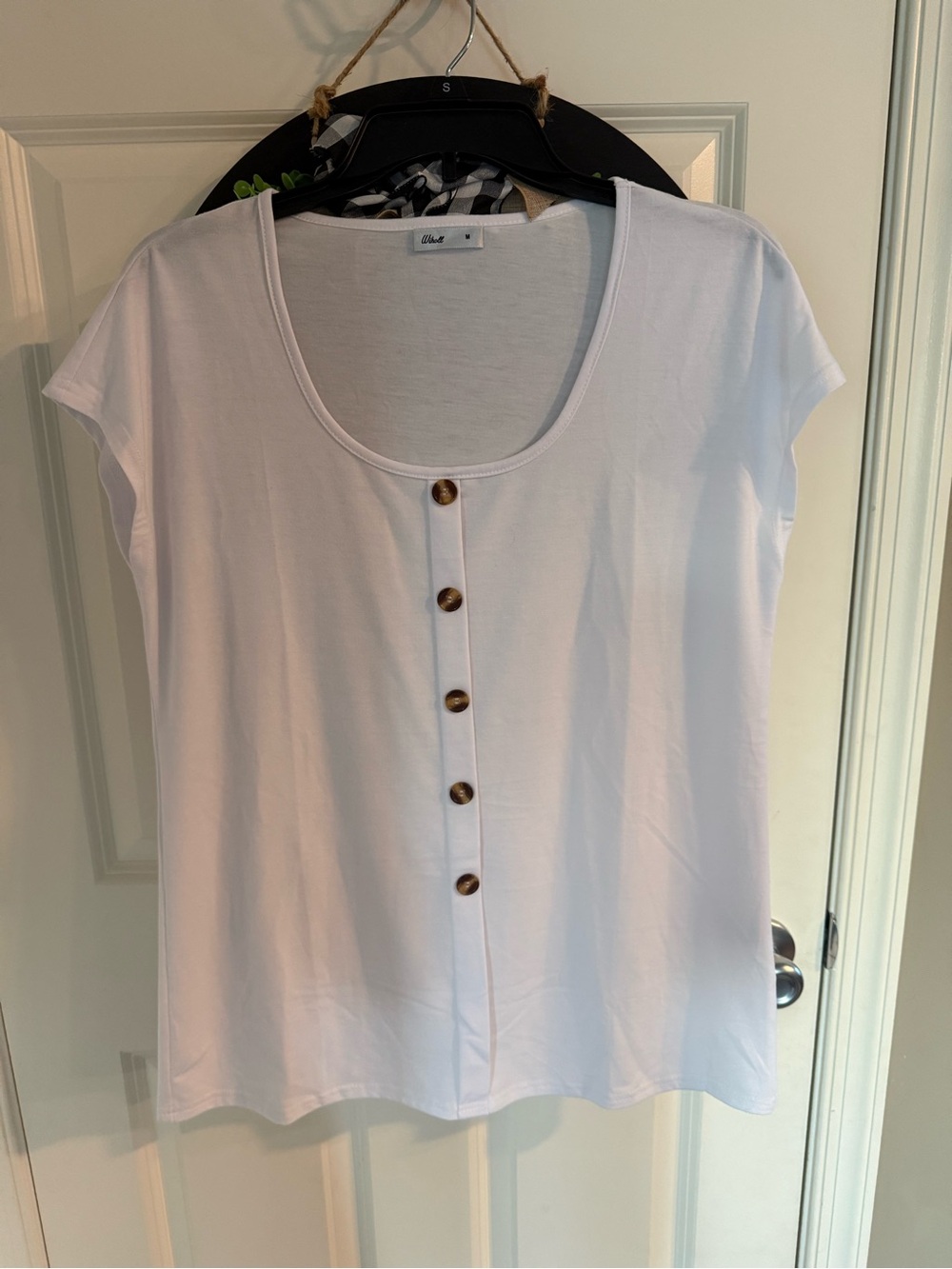 White Scoop Neck Short Sleeve Top with Front Button Detail